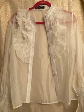 MEIMEI STUDIO Sheer White Ruffle Blouse M Pleated Bib Flare Cuff Button Up